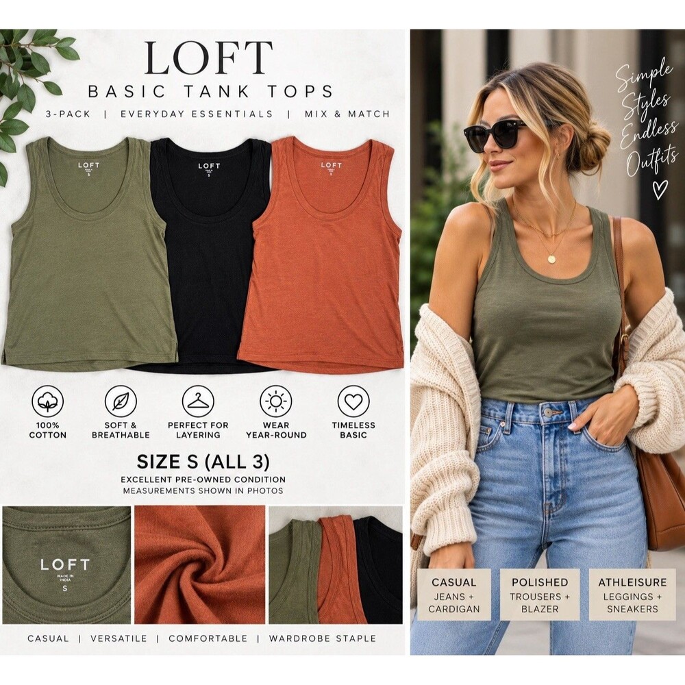 LOFT Women’s S Tank Top Lot 3 Black Olive Rust Scoop Neck Basics